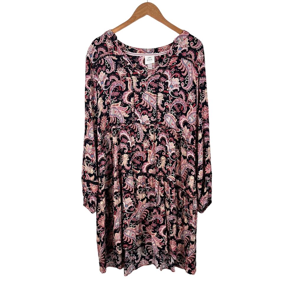 Knox Rose Womens Black Floral Paisley Dress Size Large Tiered V-neck Bohemian